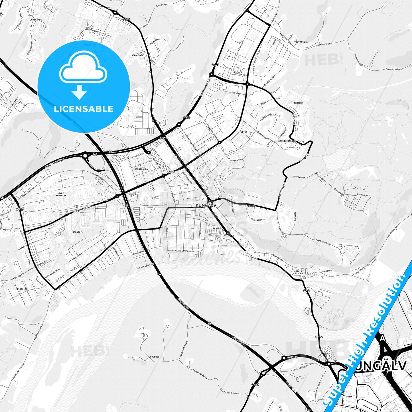 Kungälv, Sweden Light Map with Street Names, City Names, and Districts