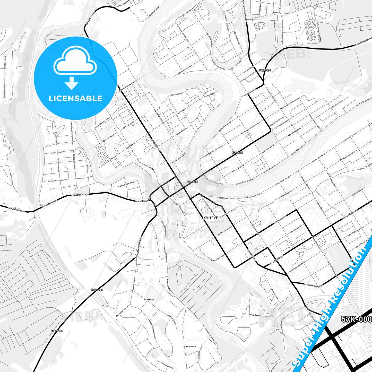 Kungur, Russia Light Map with Street Names, City Names, and Districts