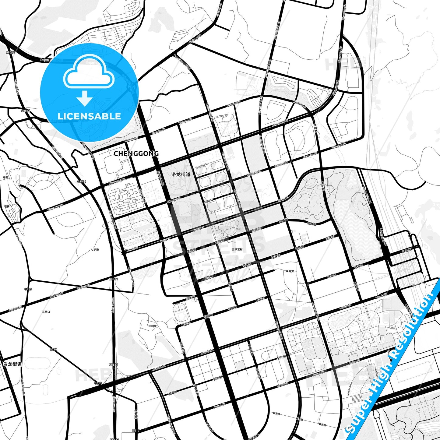 Kunming, China Light Map with Street Names, City Names, and Districts