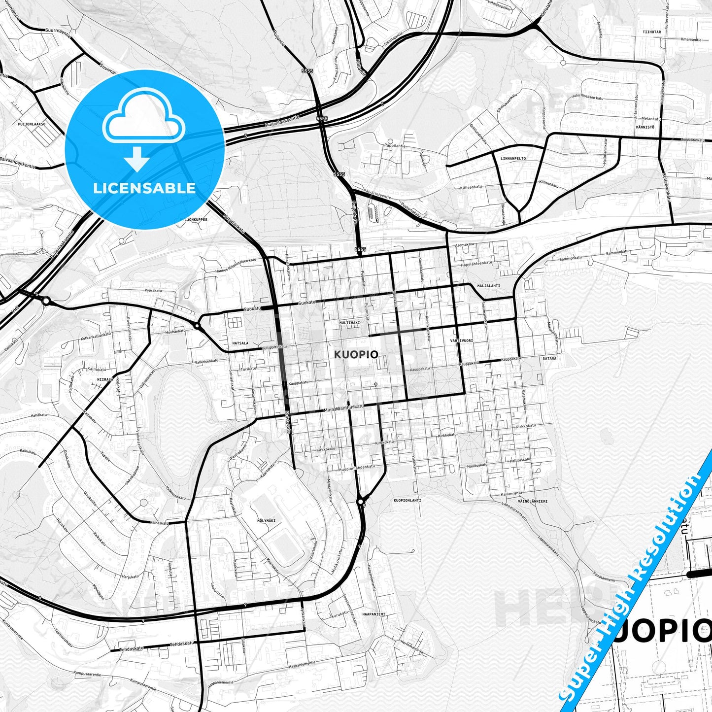 Kuopio, Finland Light Map with Street Names, City Names, and Districts