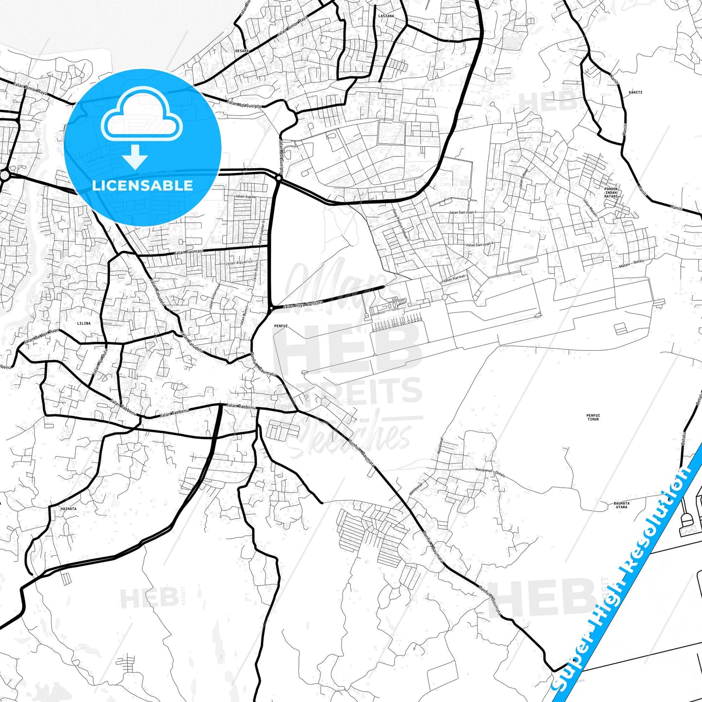 Kupang, Indonesia Light Map with Street Names, City Names, and Districts