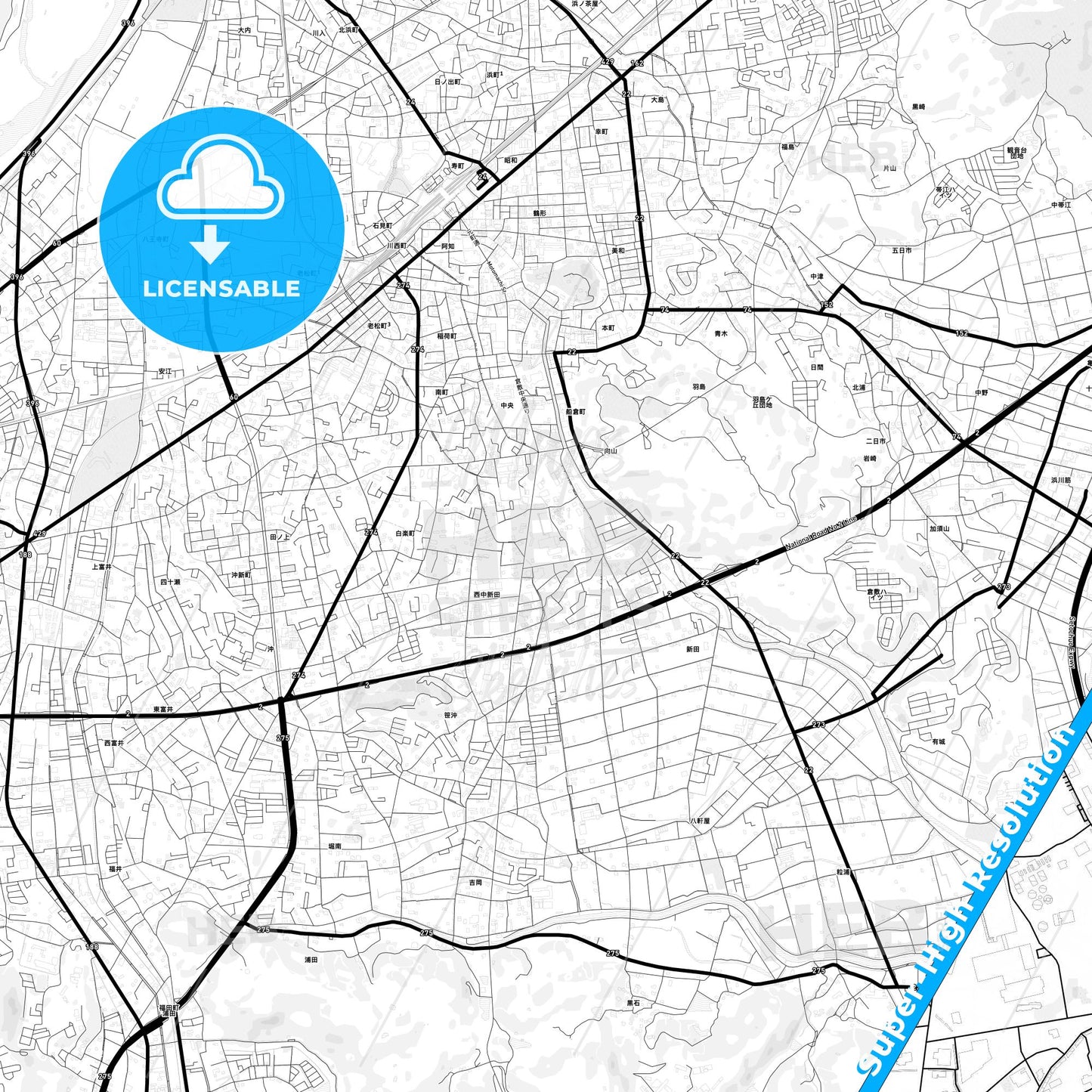 Kurashiki, Japan Light Map with Street Names, City Names, and Districts