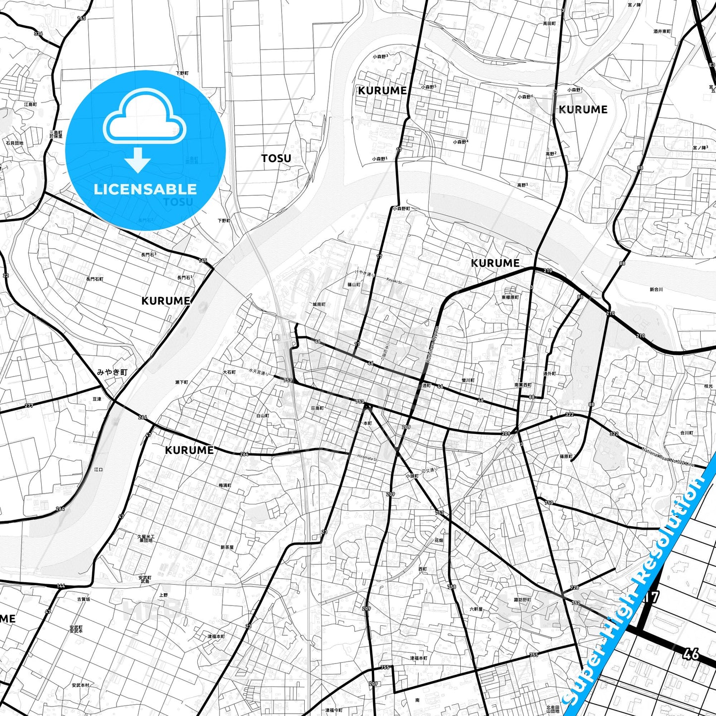 Kurume, Japan Light Map with Street Names, City Names, and Districts