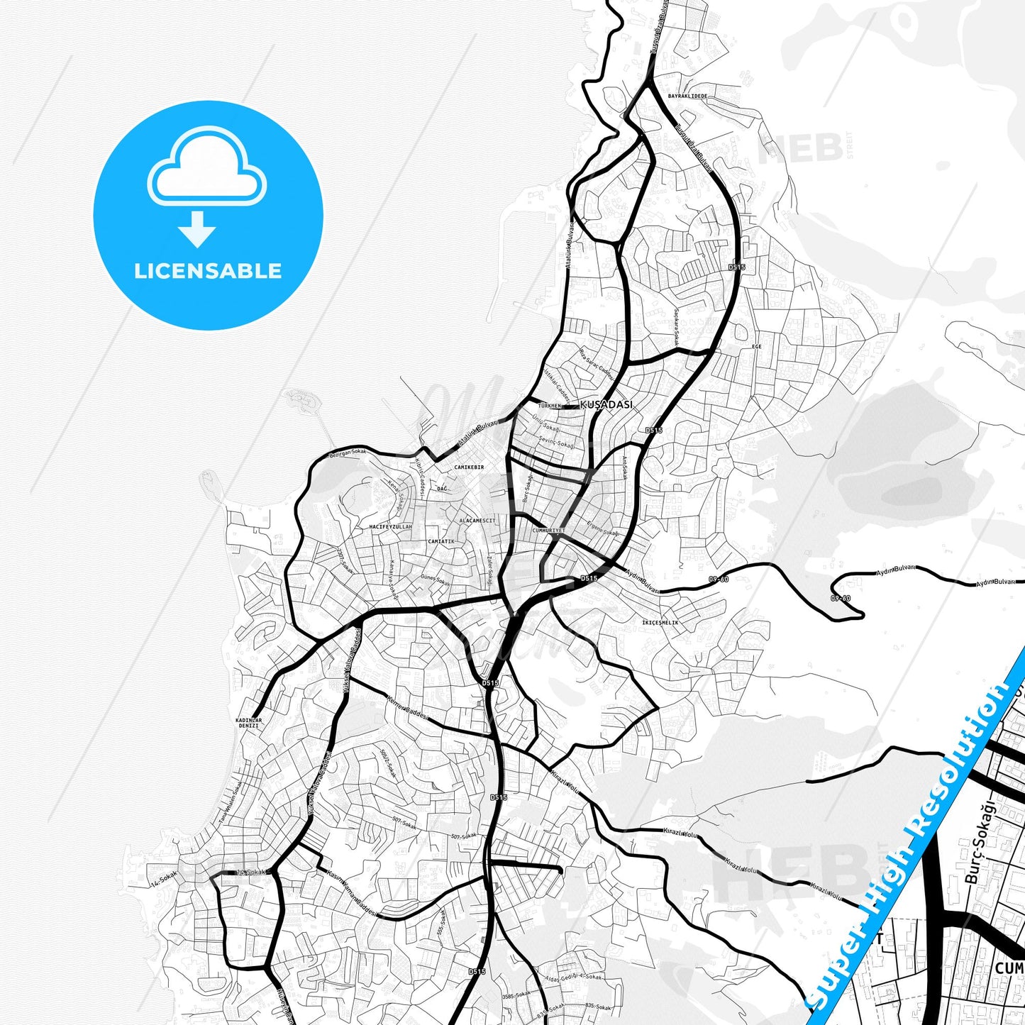 Kuşadası, Turkey Light Map with Street Names, City Names, and Districts