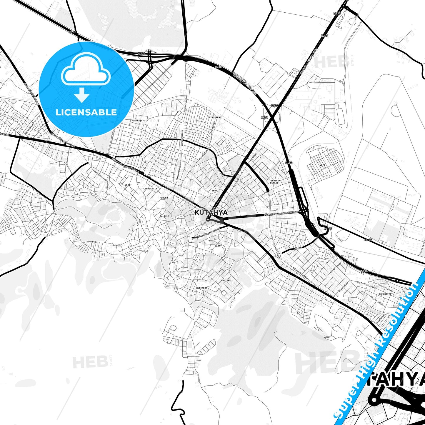 Kütahya, Turkey Light Map with Street Names, City Names, and Districts