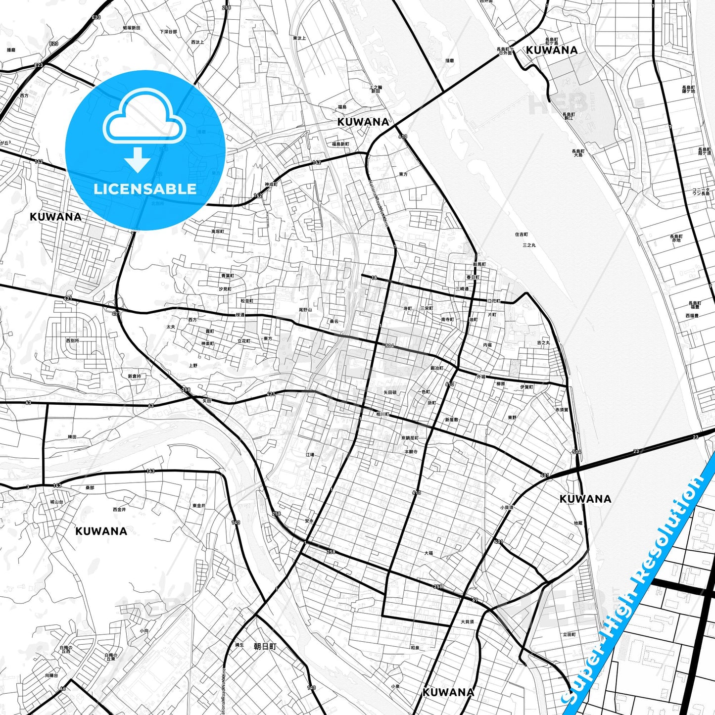Kuwana, Japan Light Map with Street Names, City Names, and Districts