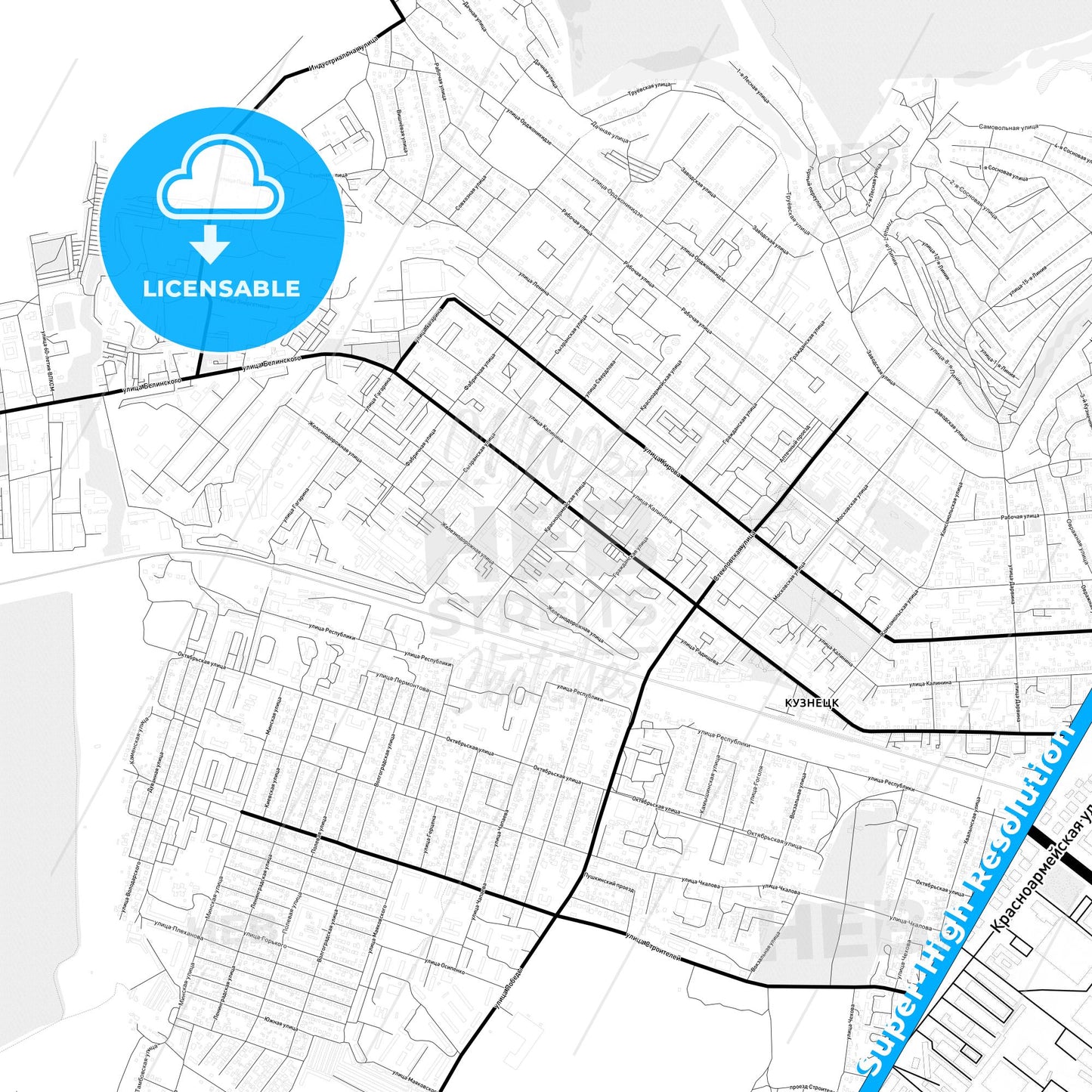 Kuznetsk, Russia Light Map with Street Names, City Names, and Districts