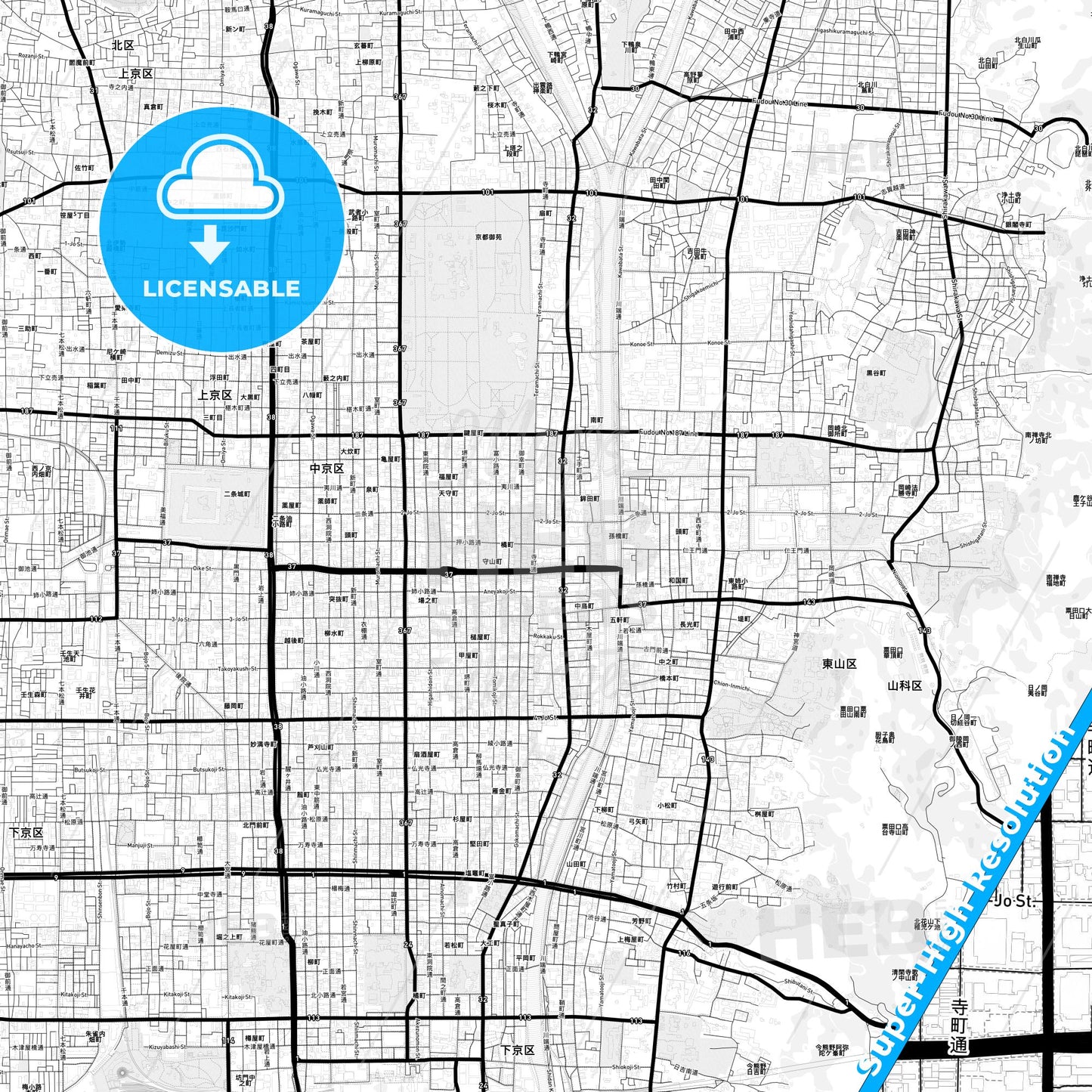 Kyoto, Japan Light Map with Street Names, City Names, and Districts