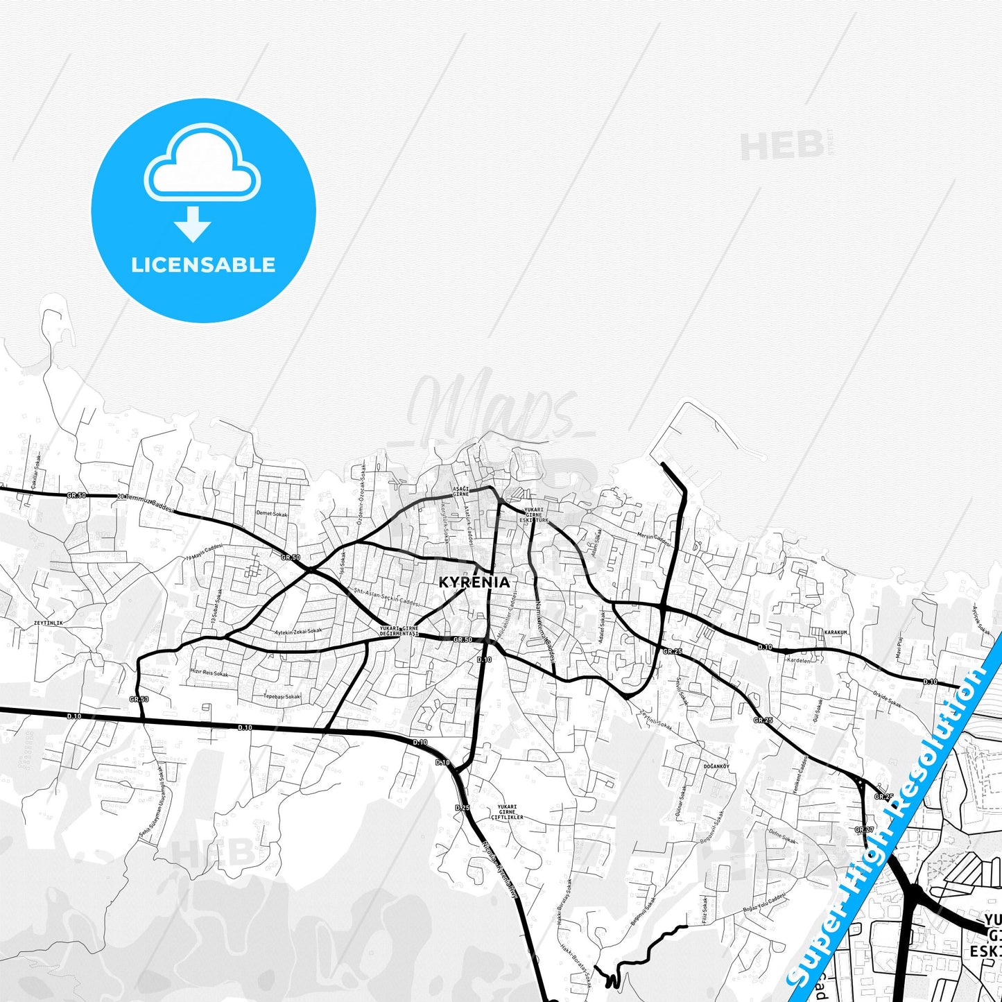 Kyrenia , Cyprus Light Map with Street Names, City Names, and Districts
