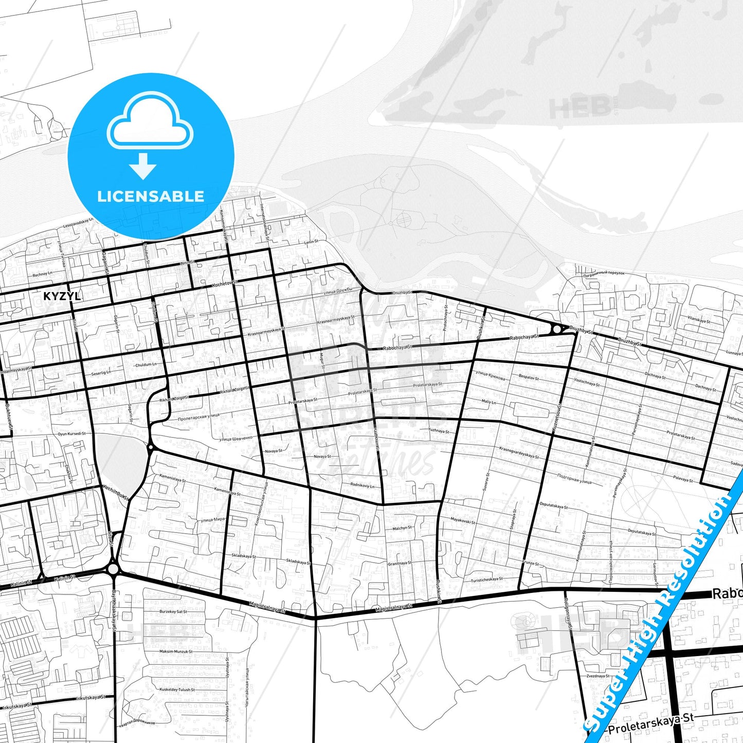 Kyzyl, Russia Light Map with Street Names, City Names, and Districts