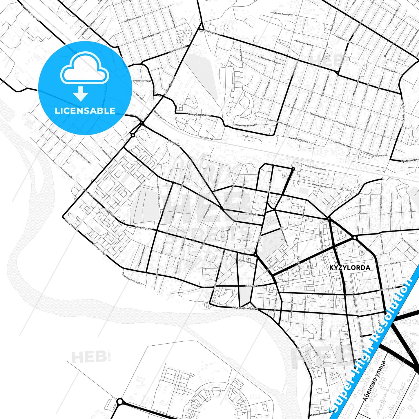 Kyzylorda, Kazakhstan Light Map with Street Names, City Names, and Districts