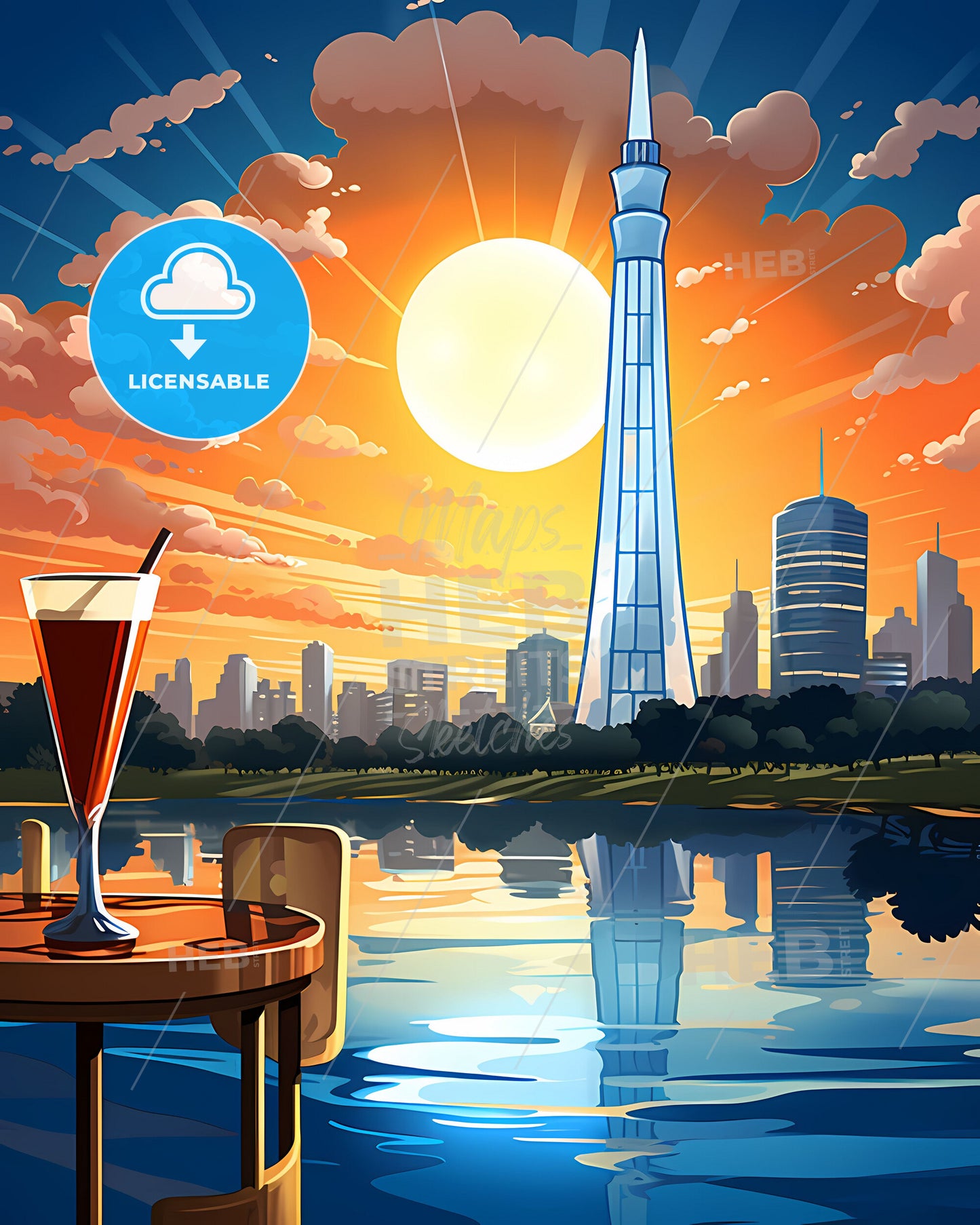 La Plata Skyline from the River Promenade with Colorful Painting in Colorful Painting Style