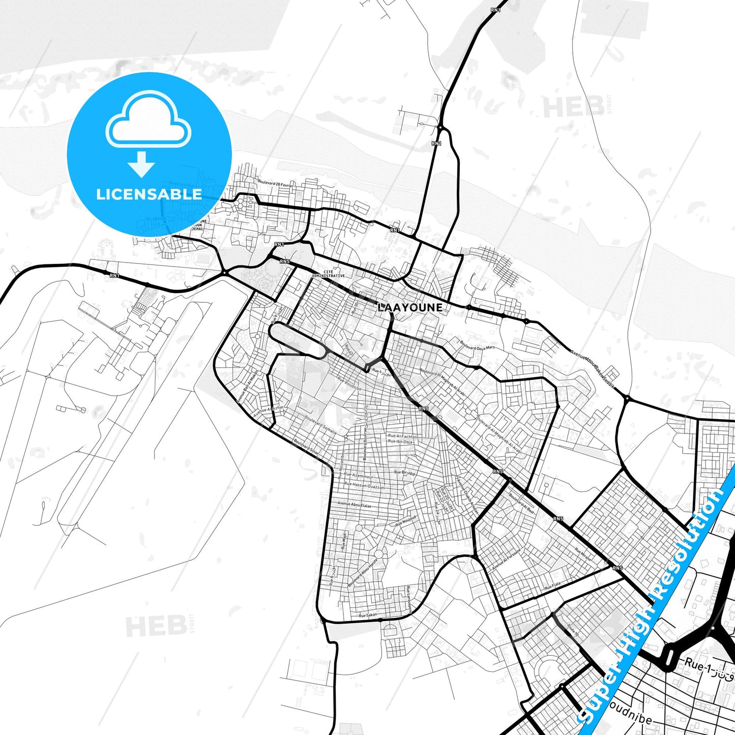 Laayoune, Western Sahara Light Map with Street Names, City Names, and Districts