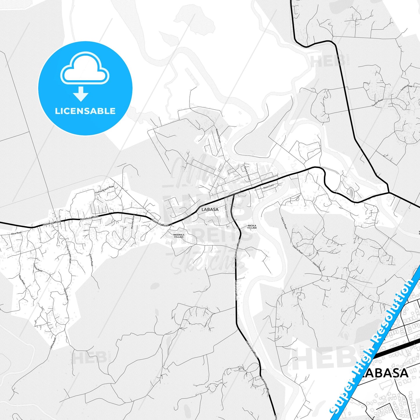 Labasa, Fiji Light Map with Street Names, City Names, and Districts