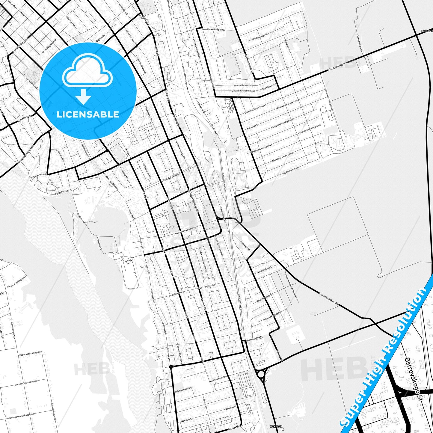 Labinsk, Russia Light Map with Street Names, City Names, and Districts