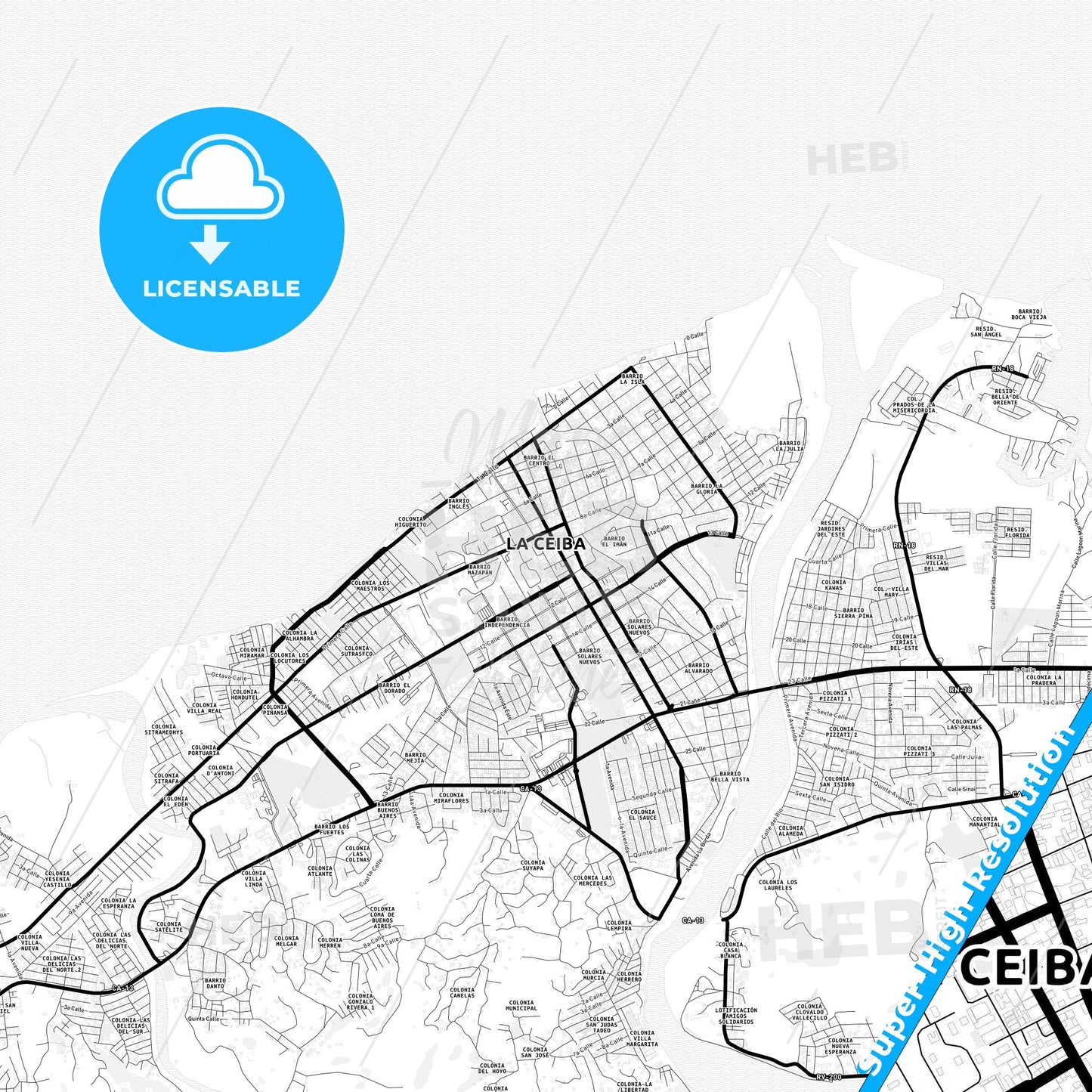 La Ceiba, Honduras Light Map with Street Names, City Names, and Districts