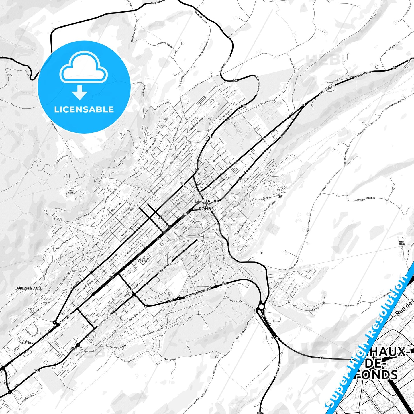 La Chaux-de-Fonds, Switzerland Light Map with Street Names, City Names, and Districts