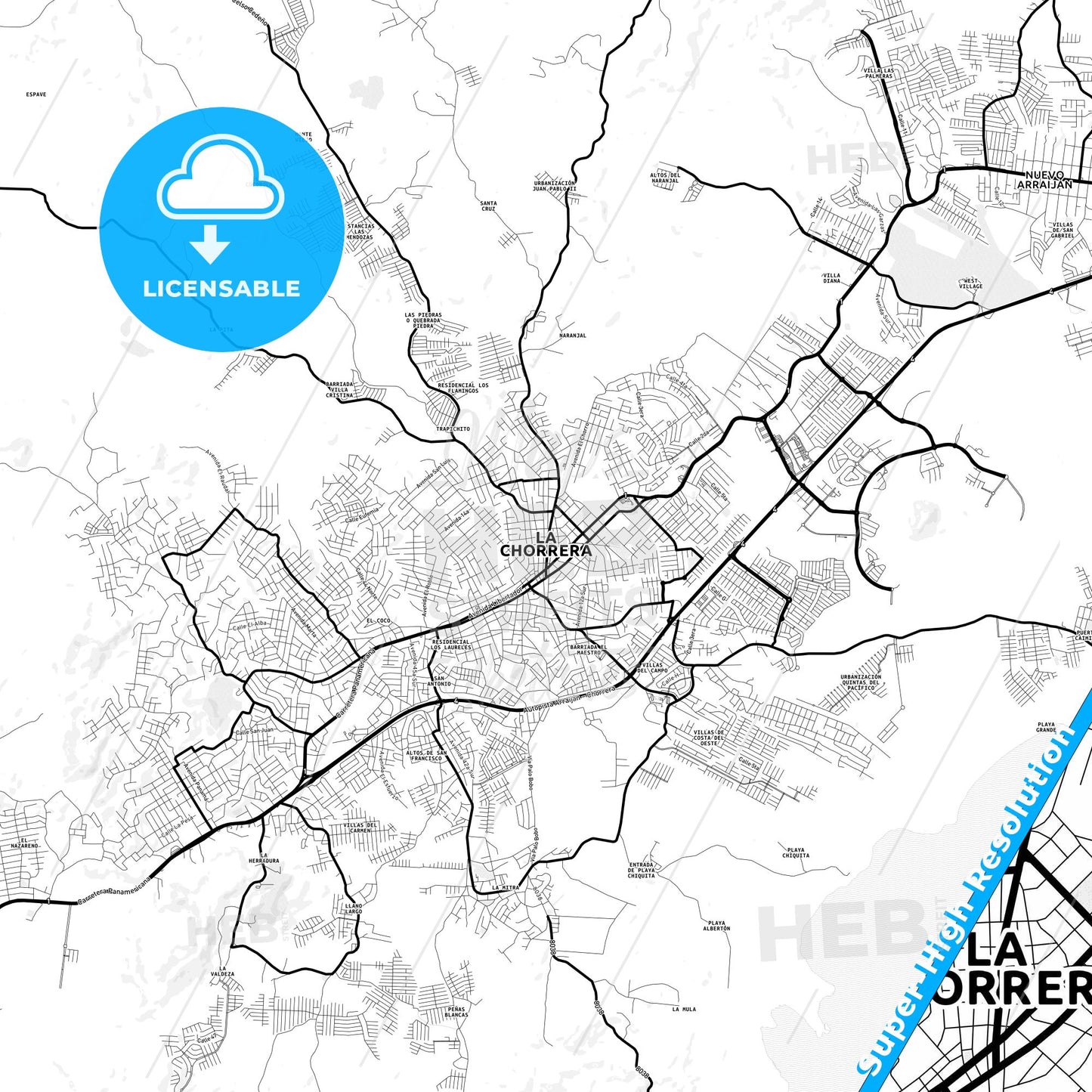 La Chorrera, Panama Light Map with Street Names, City Names, and Districts