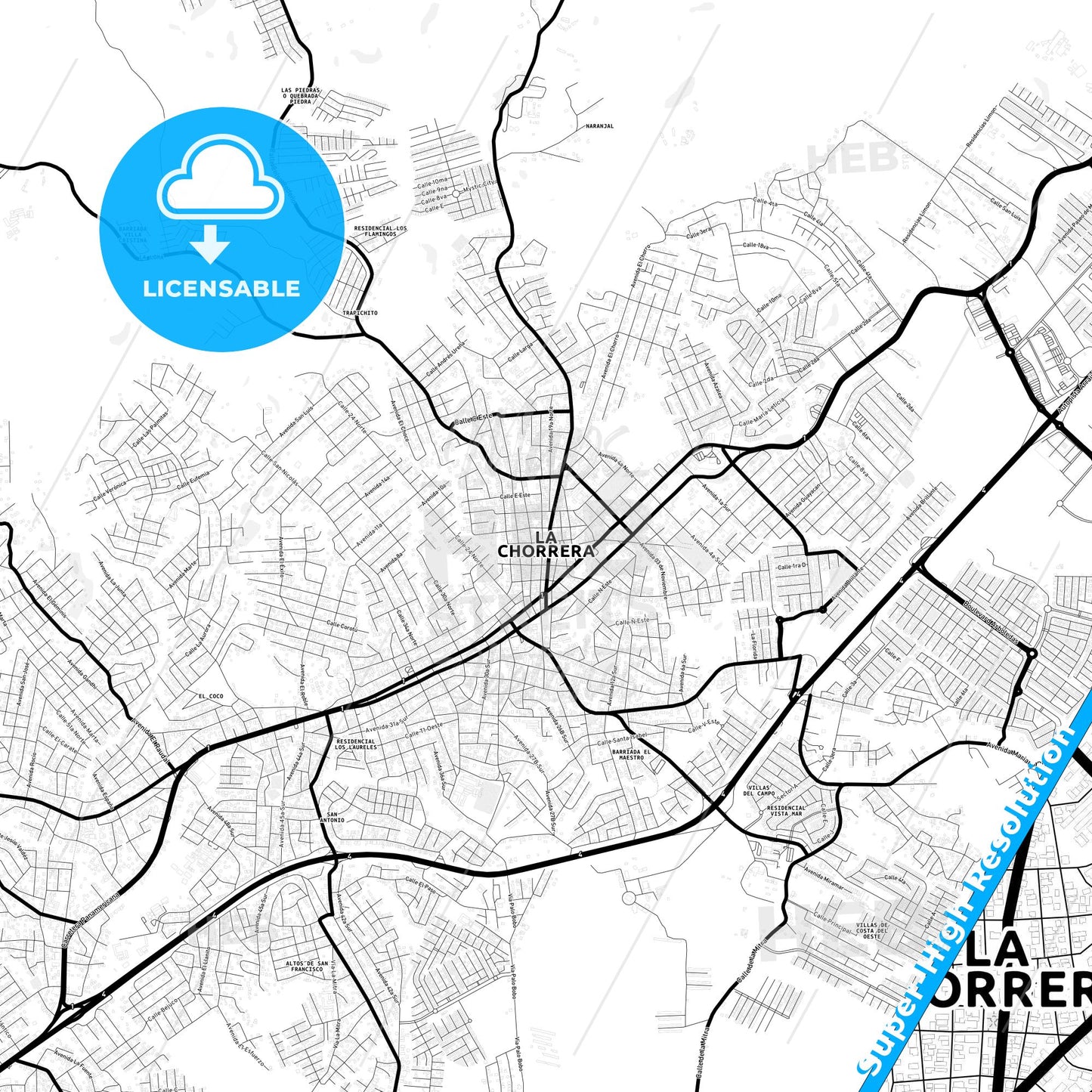 La Chorrera, Panama Light Map with Street Names, City Names, and Districts