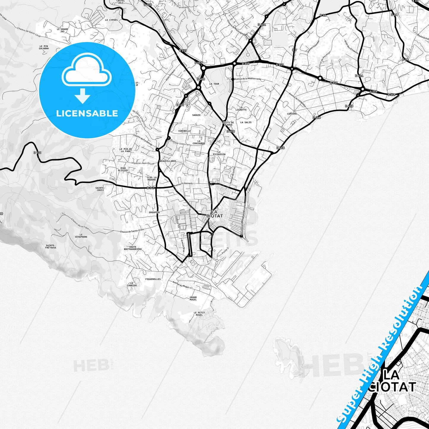 La Ciotat, France Light Map with Street Names, City Names, and Districts
