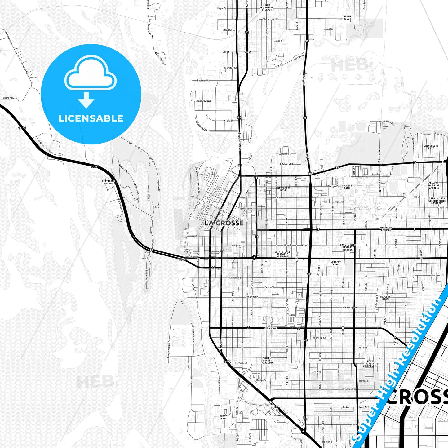 La Crosse, Wisconsin Light Map with Street Names, City Names, and Districts