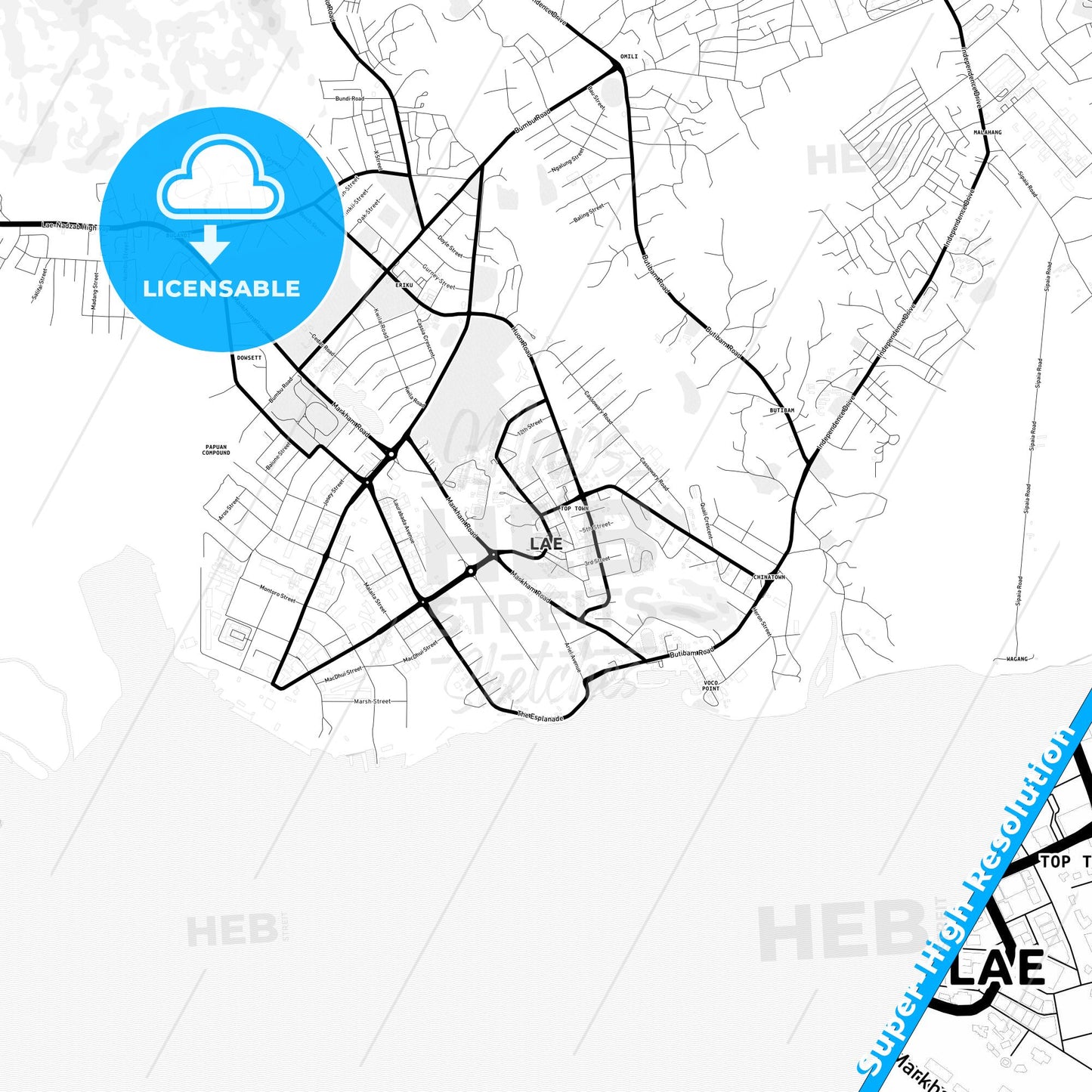 Lae, Papua New Guinea Light Map with Street Names, City Names, and Districts