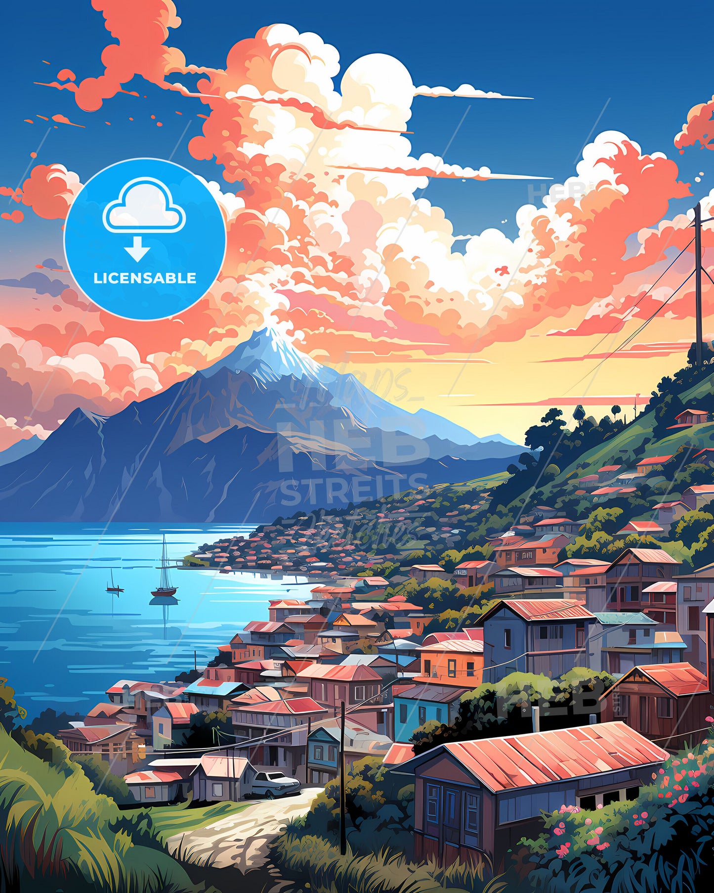 Painterly Lae Papua New Guinea Skyline with Serene Hilltop Mountain