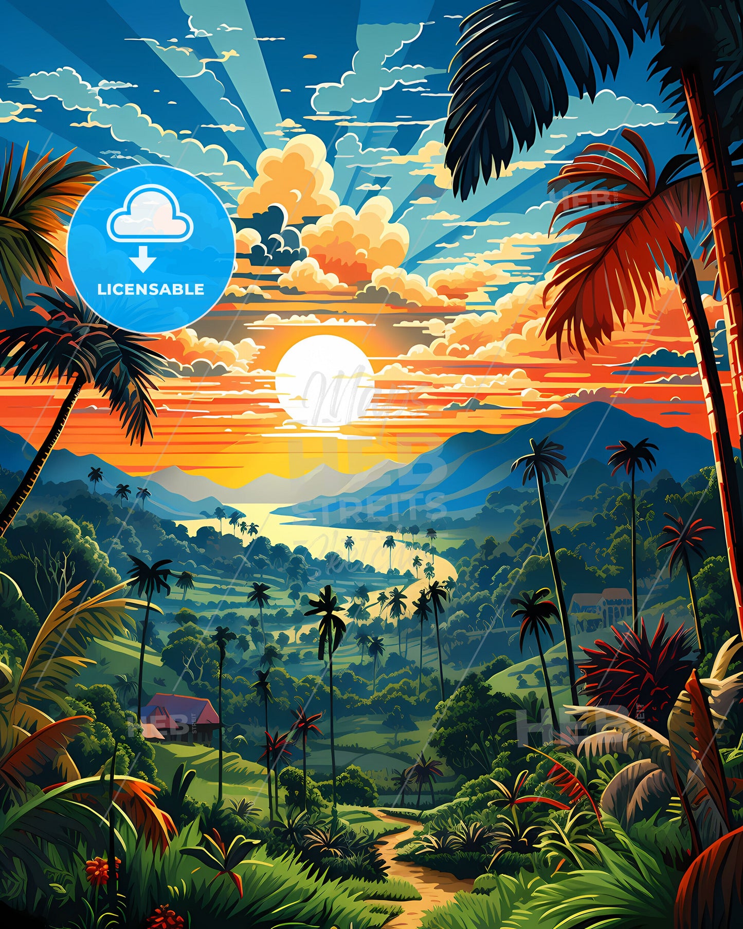 Vibrant Artistic Landscape of Lae Papua New Guinea Skyline with Mountains Trees and Sunset