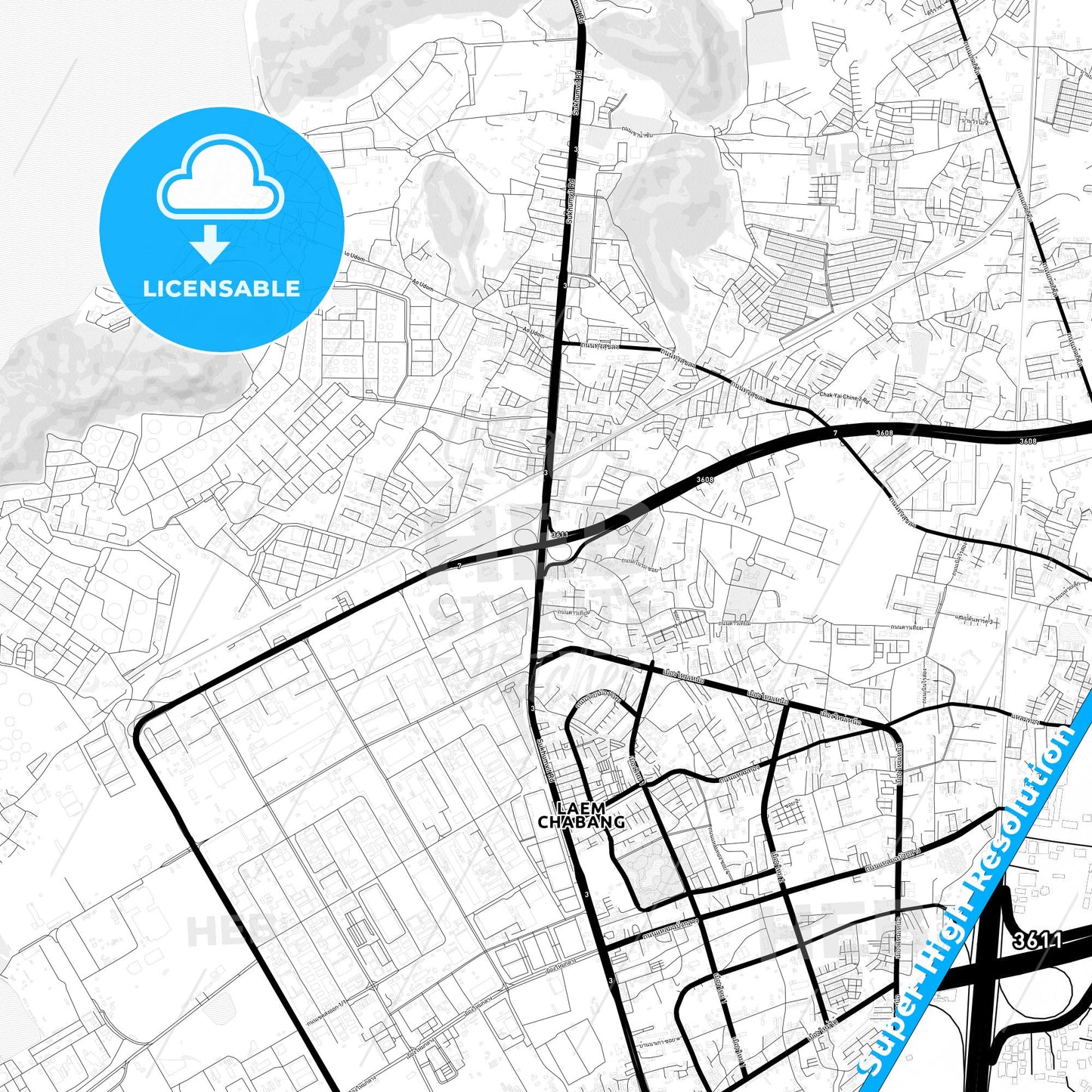 Laem Chabang, Thailand Light Map with Street Names, City Names, and Districts
