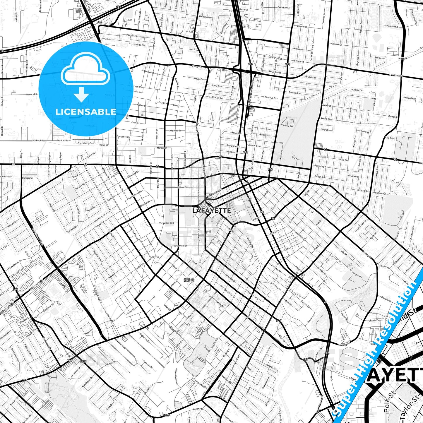 Lafayette, Louisiana Light Map with Street Names, City Names, and Districts