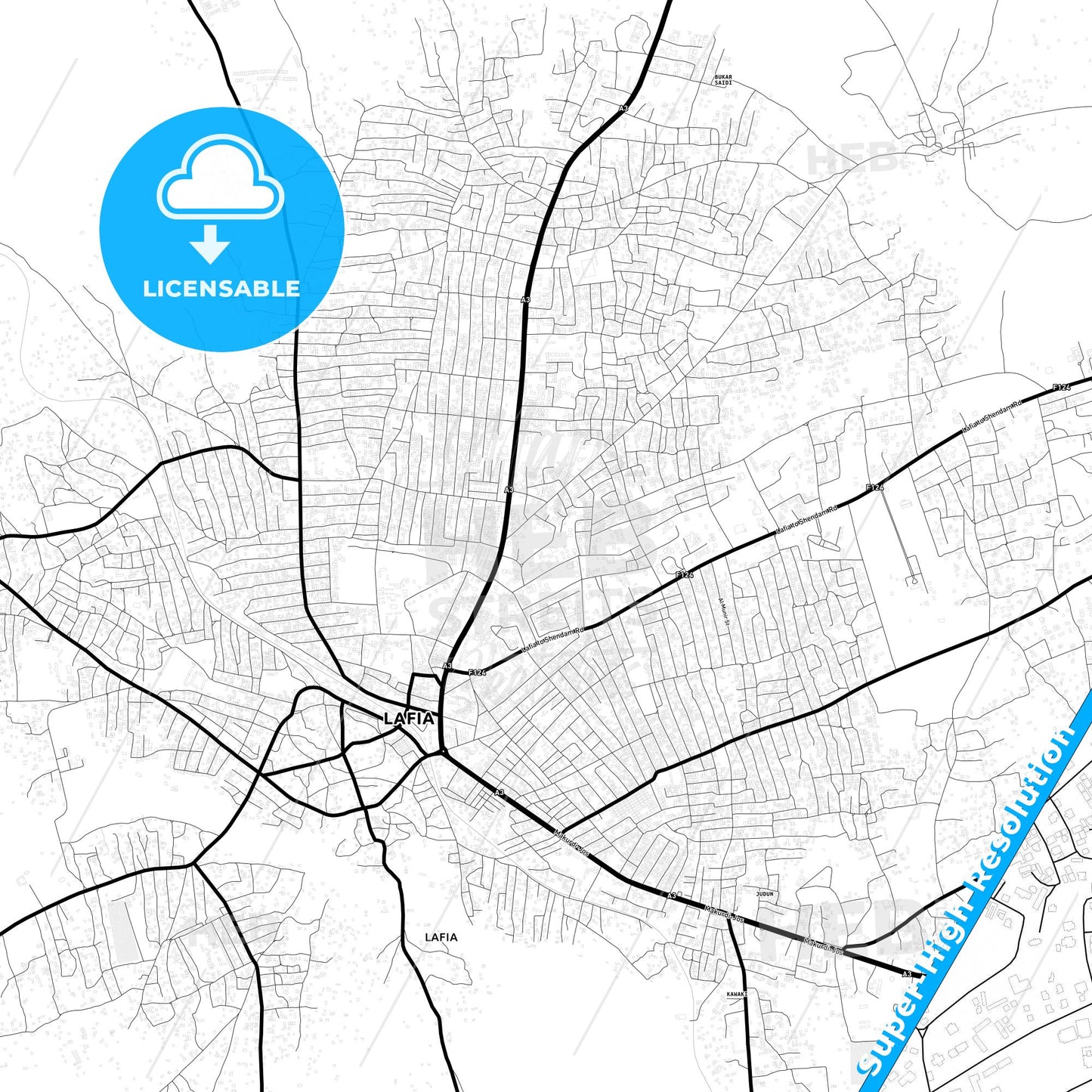 Lafia, Nigeria Light Map with Street Names, City Names, and Districts
