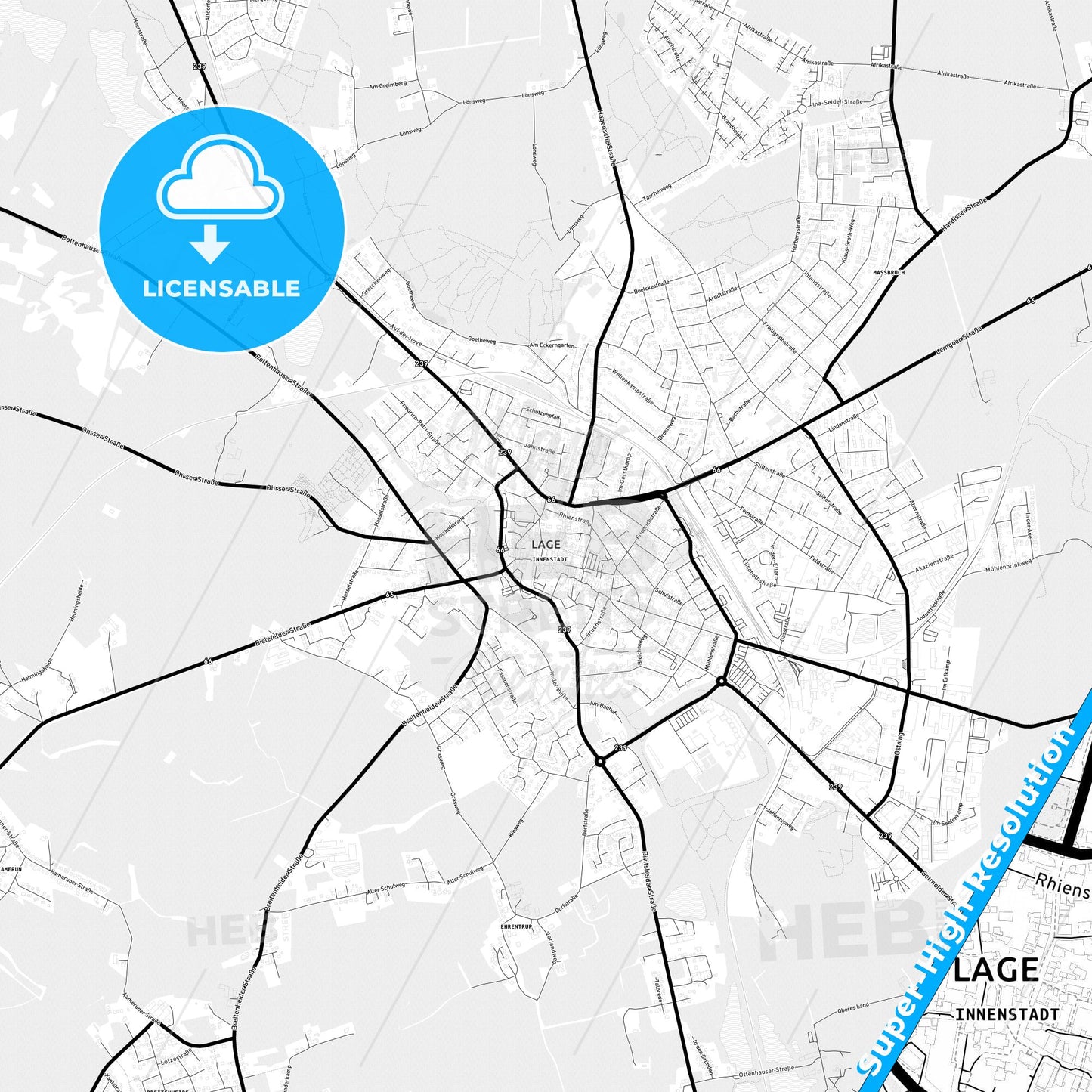 Lage, Germany Light Map with Street Names, City Names, and Districts