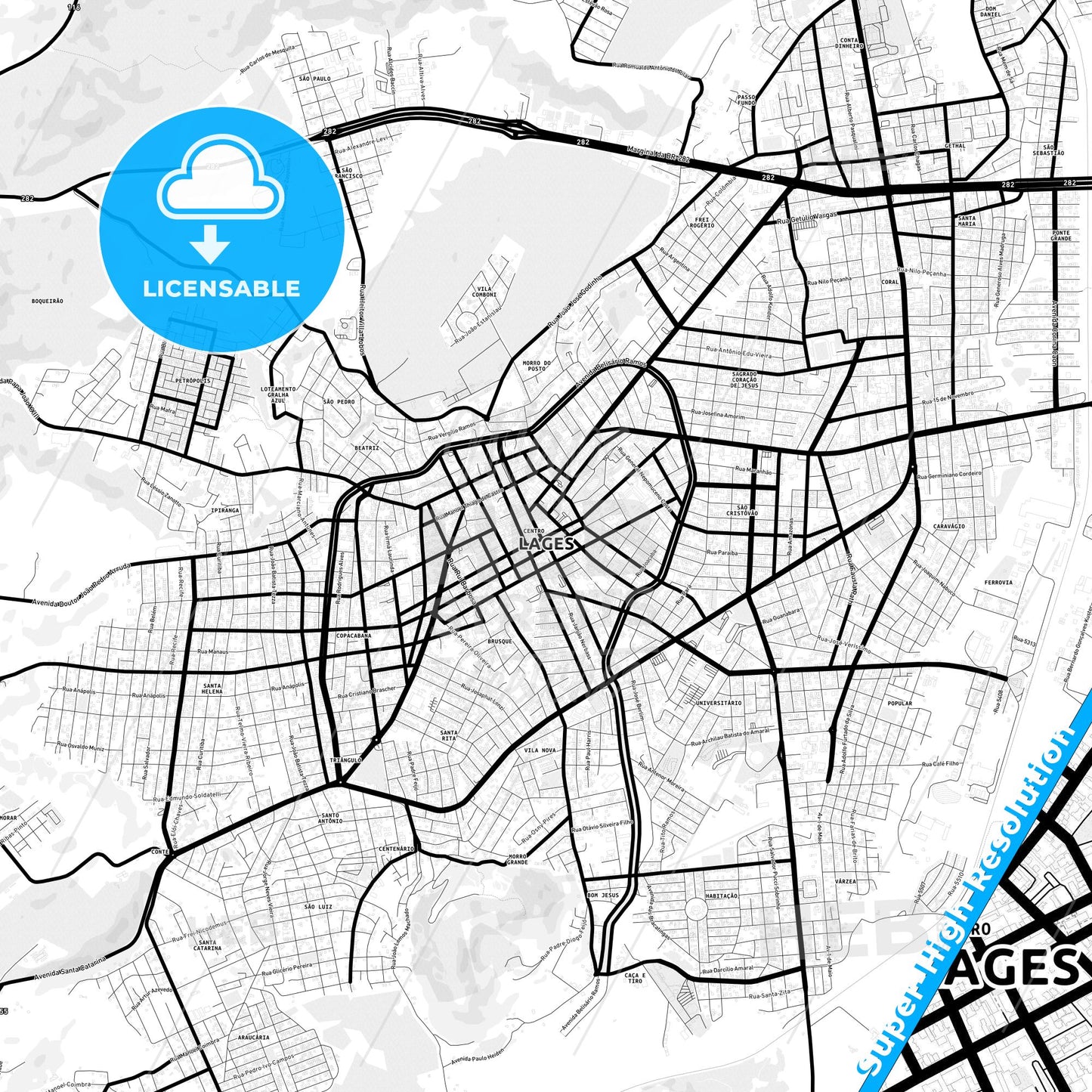 Lages, Brazil Light Map with Street Names, City Names, and Districts