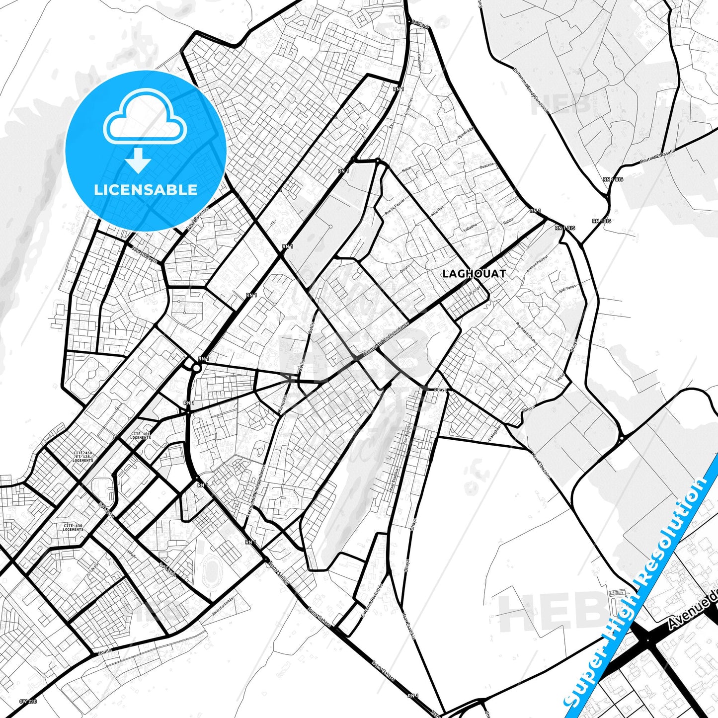 Laghouat, Algeria Light Map with Street Names, City Names, and Districts