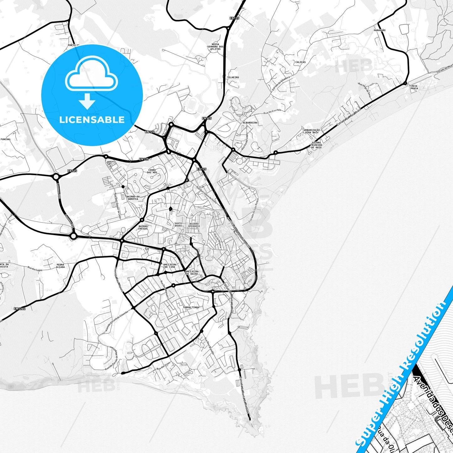 Lagos, Portugal Light Map with Street Names, City Names, and Districts