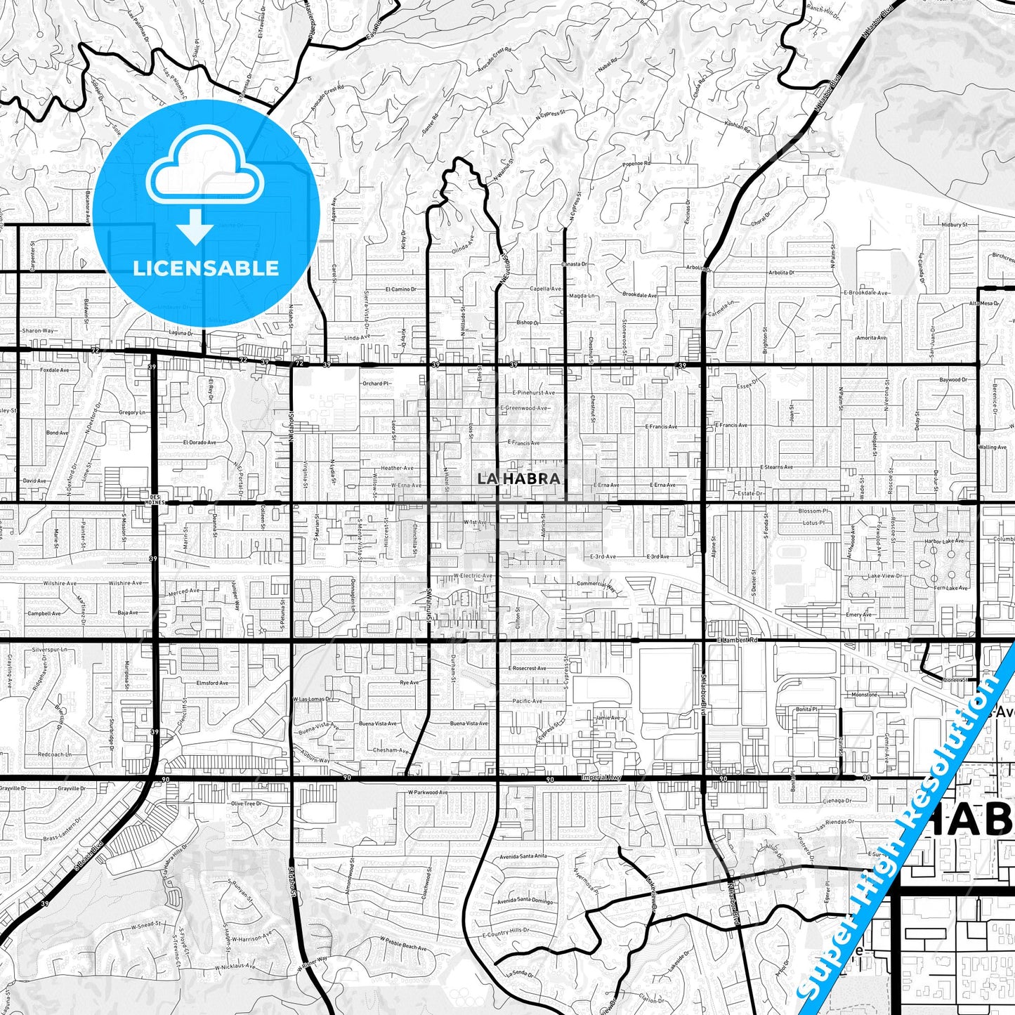 La Habra, California Light Map with Street Names, City Names, and Districts