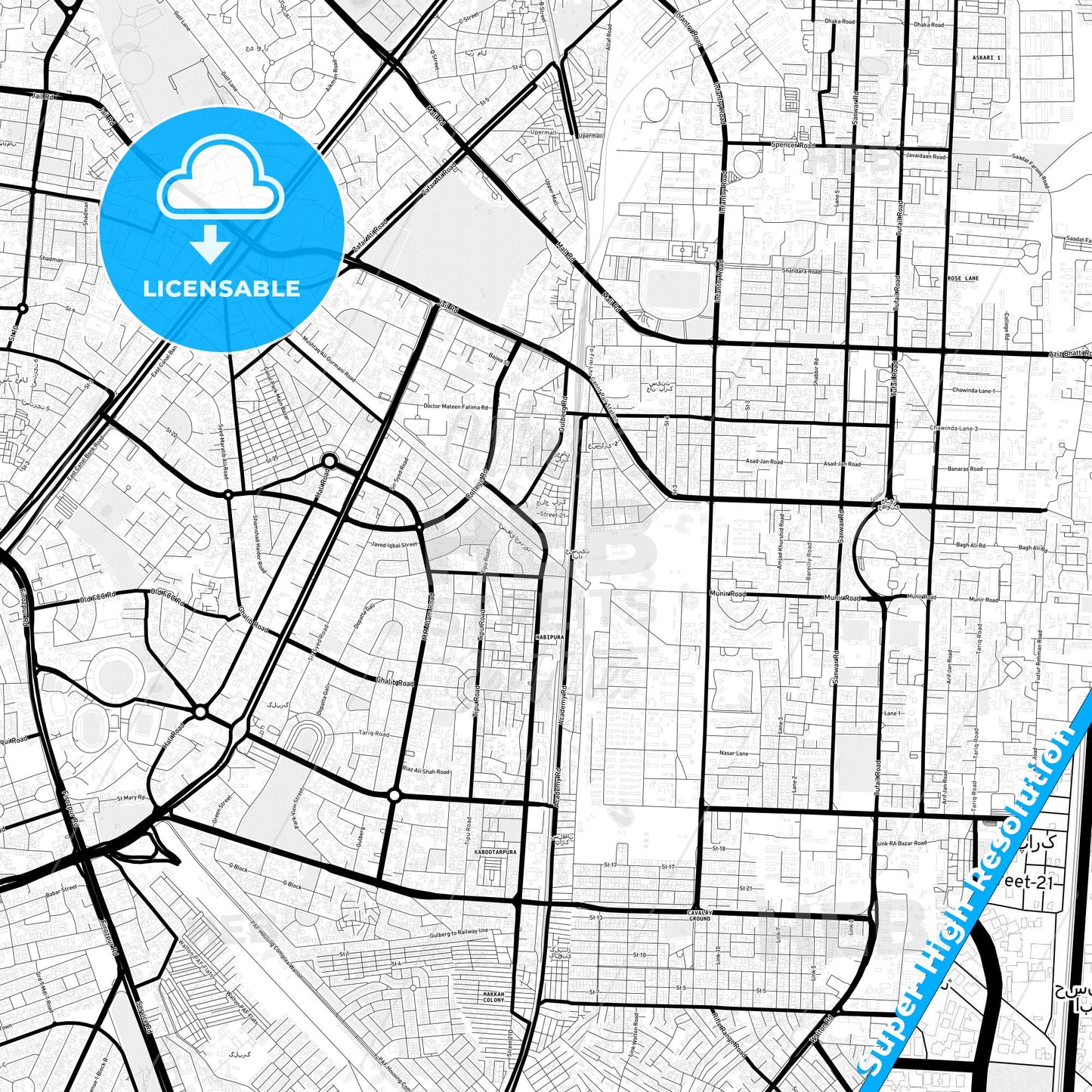 Lahore, Pakistan Light Map with Street Names, City Names, and Districts