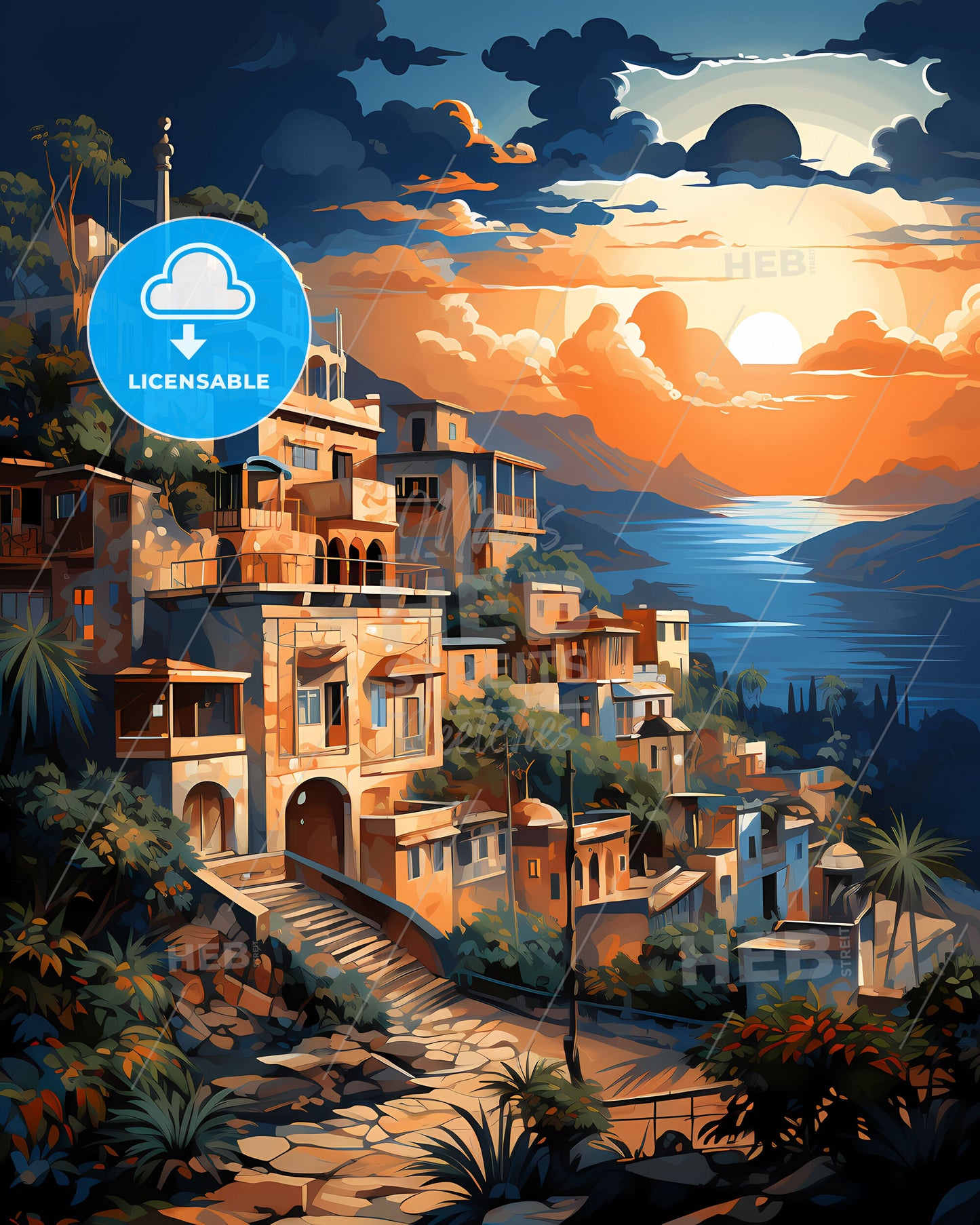 Vibrant Pakistani City Skyline Sunset Artistic Painting