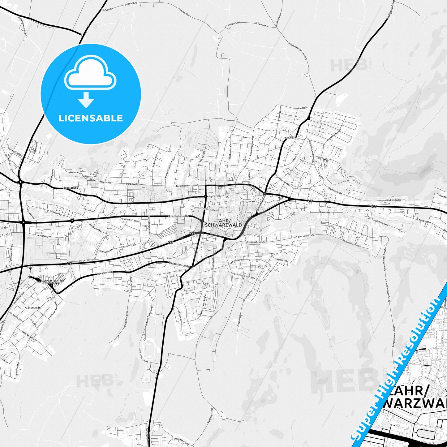 Lahr/Schwarzwald, Germany Light Map with Street Names, City Names, and Districts