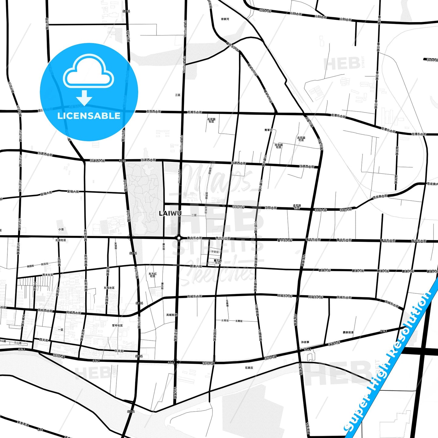 Laiwu, China Light Map with Street Names, City Names, and Districts