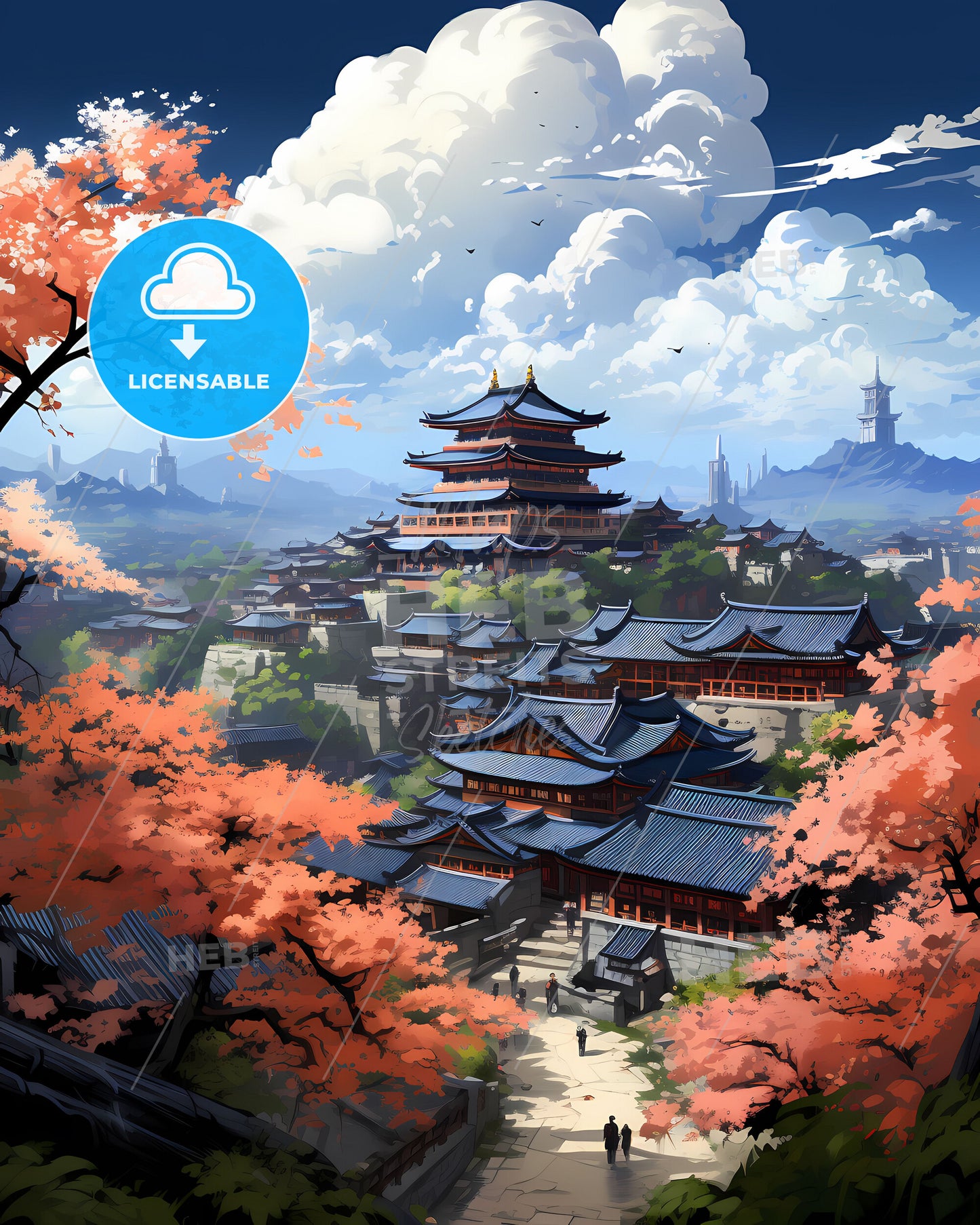 Vibrant Laiwu City Skyline Painting with Colorful Buildings and Lush Trees