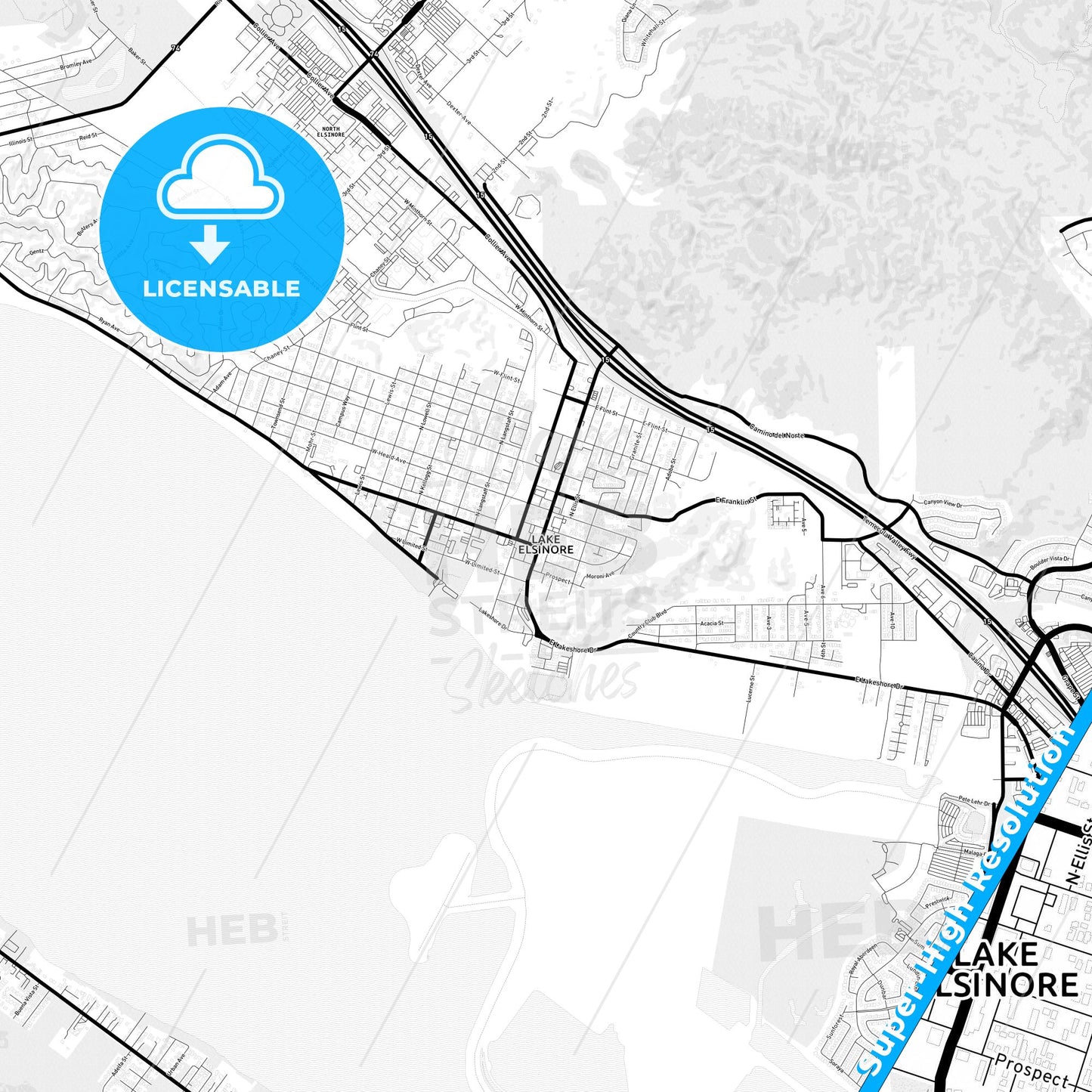 Lake Elsinore, California Light Map with Street Names, City Names, and Districts