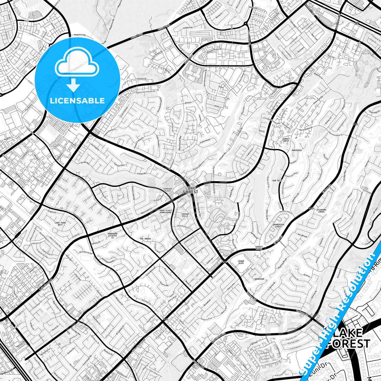 Lake Forest, California Light Map with Street Names, City Names, and Districts