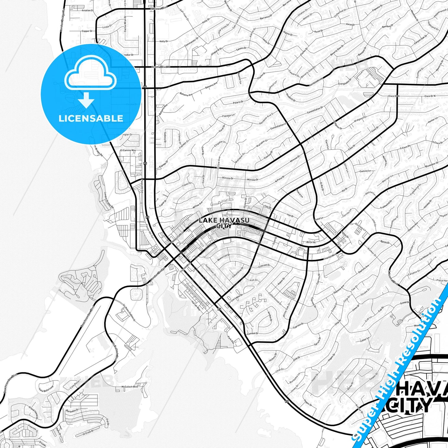 Lake Havasu City, Arizona Light Map with Street Names, City Names, and Districts
