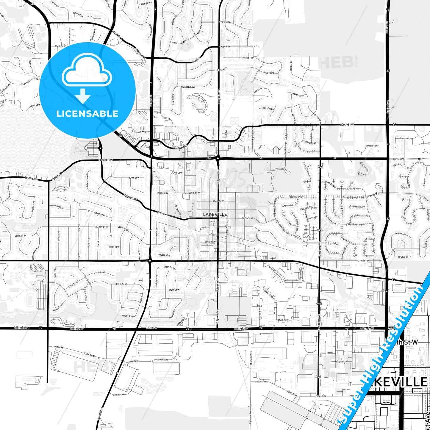 Lakeville, Minnesota Light Map with Street Names, City Names, and Districts