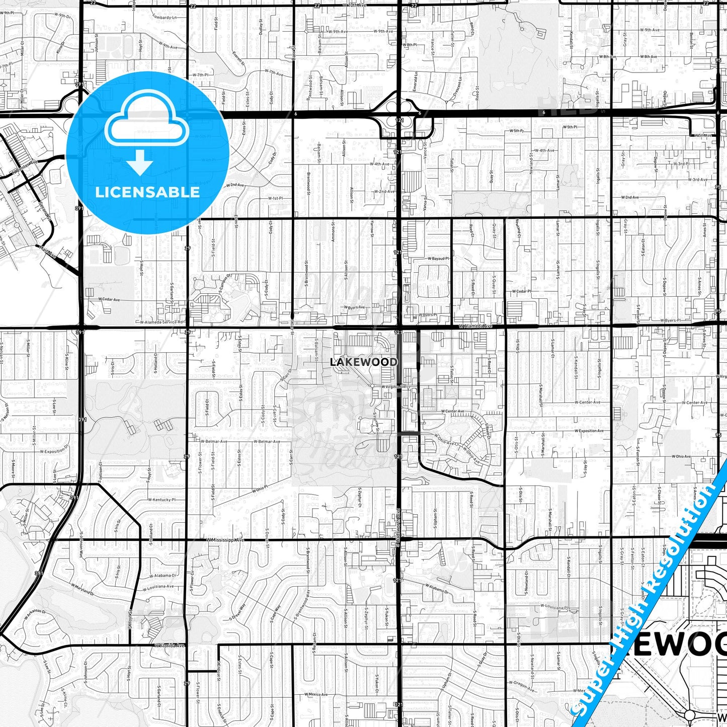 Lakewood, Colorado Light Map with Street Names, City Names, and Districts