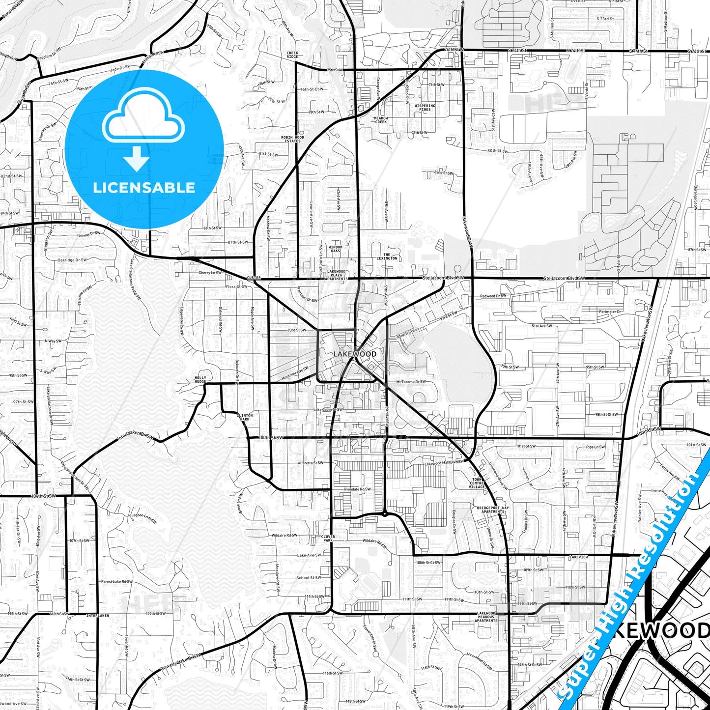 Lakewood, Washington Light Map with Street Names, City Names, and Districts