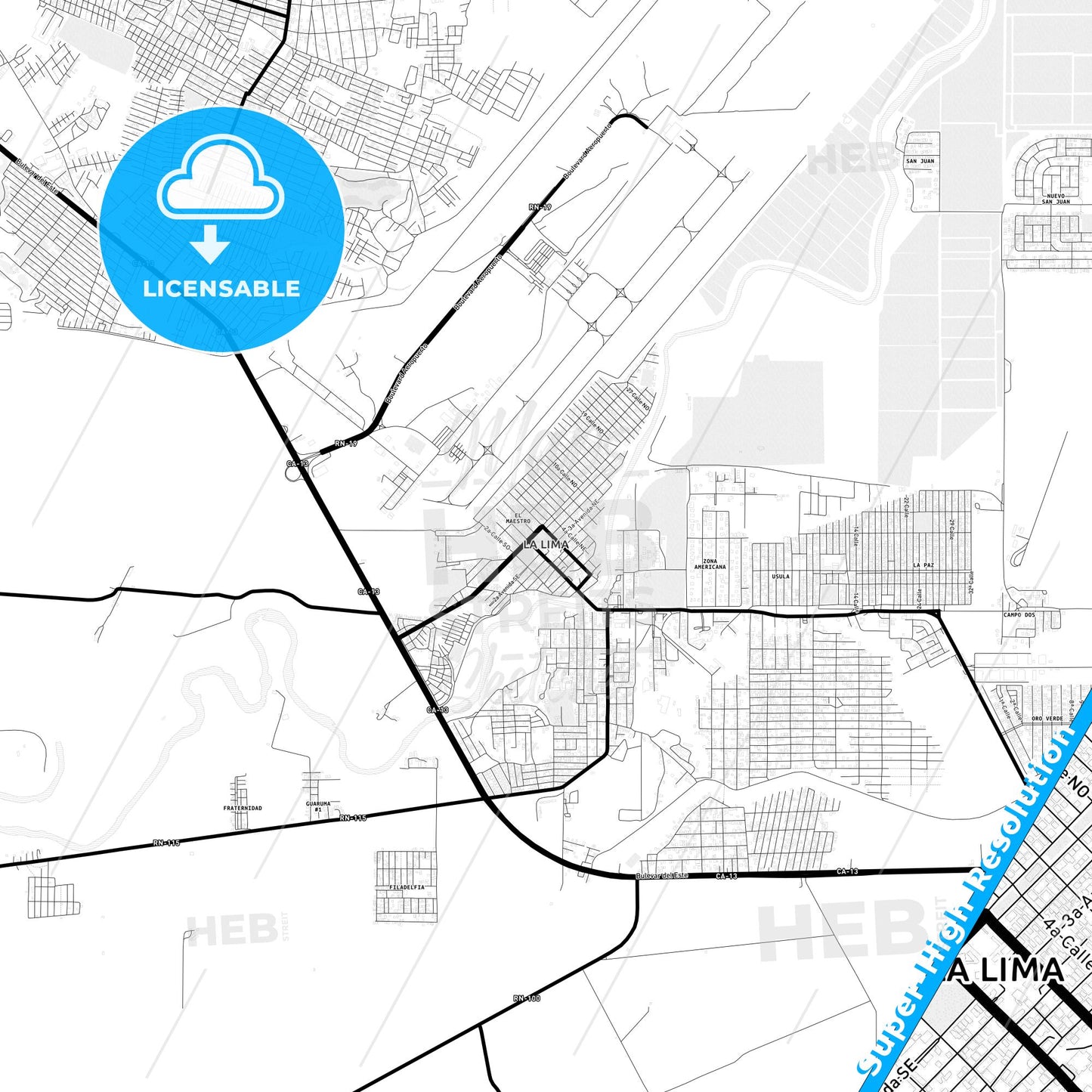 La Lima, Honduras Light Map with Street Names, City Names, and Districts