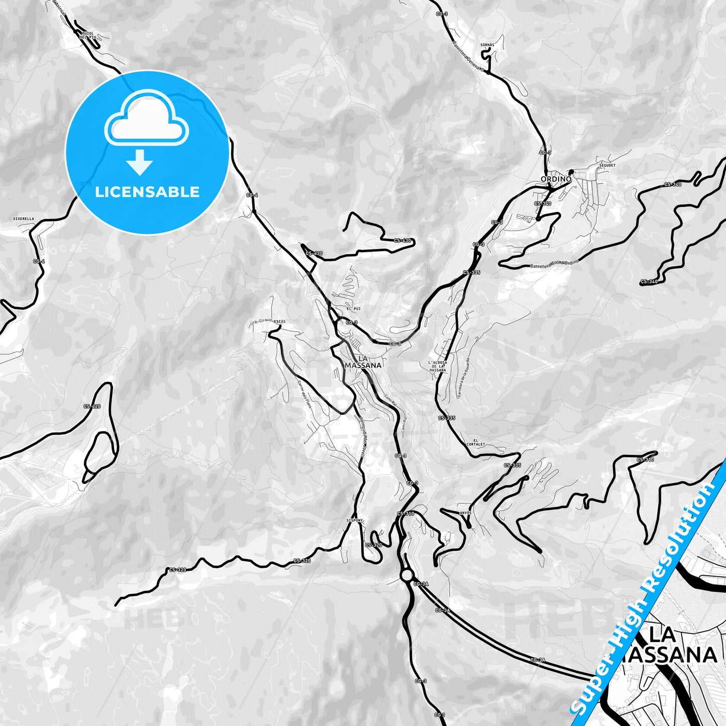 La Massana, Andorra Light Map with Street Names, City Names, and Districts