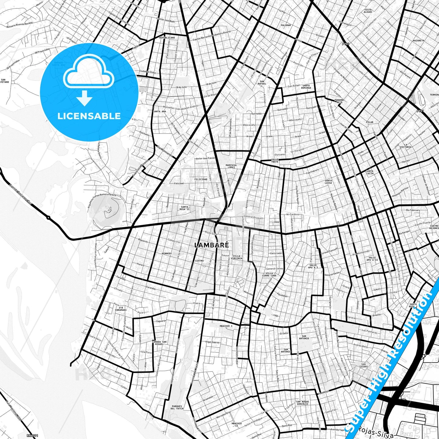 Lambare, Paraguay Light Map with Street Names, City Names, and Districts